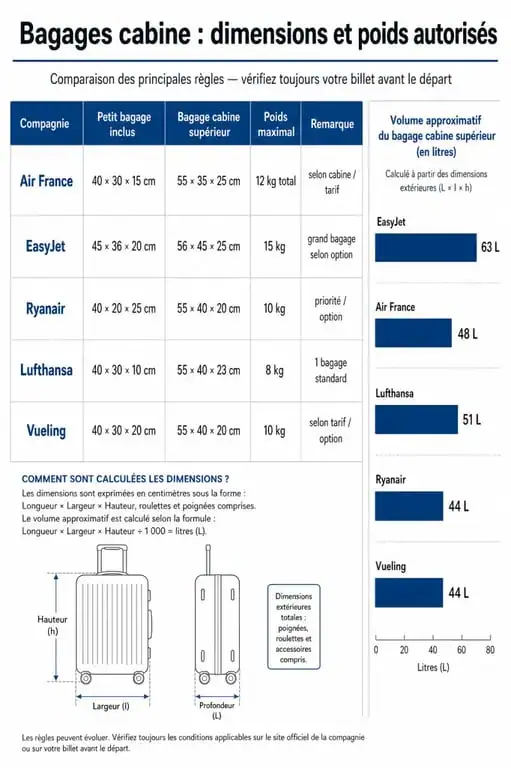Tableau comparatif des dimensions et poids des valises cabine par compagnie aérienne pour le format valise cabine