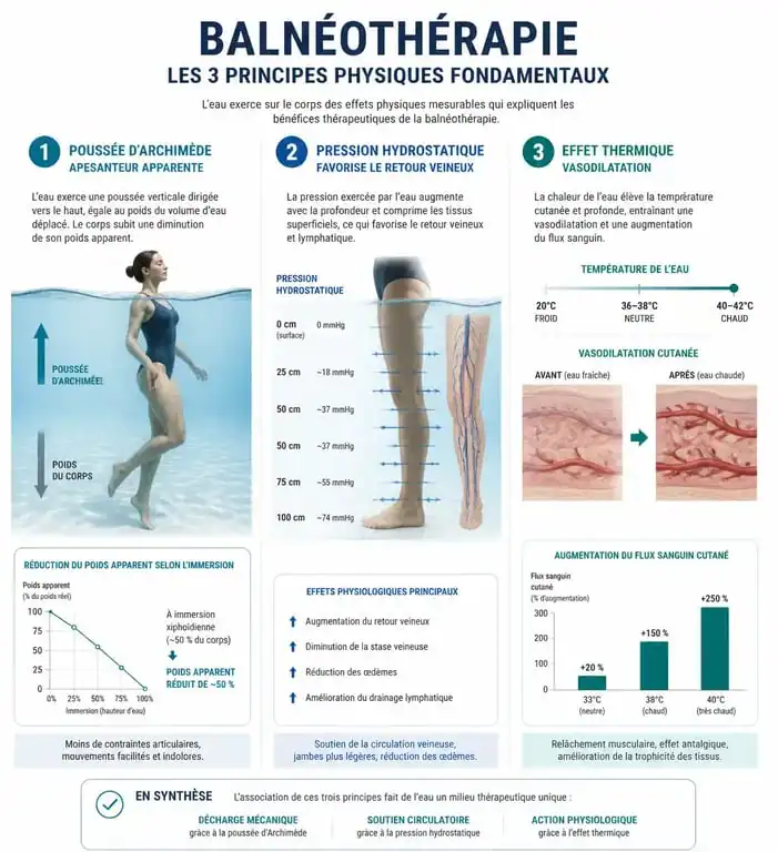 Infographie expliquant les principes physiques de la balnéothérapie : poussée d'Archimède, pression hydrostatique et effet thermique.