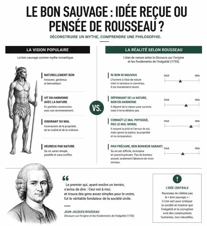 Infographie comparative sur le mythe du bon sauvage et la pensée de Jean-Jacques Rousseau