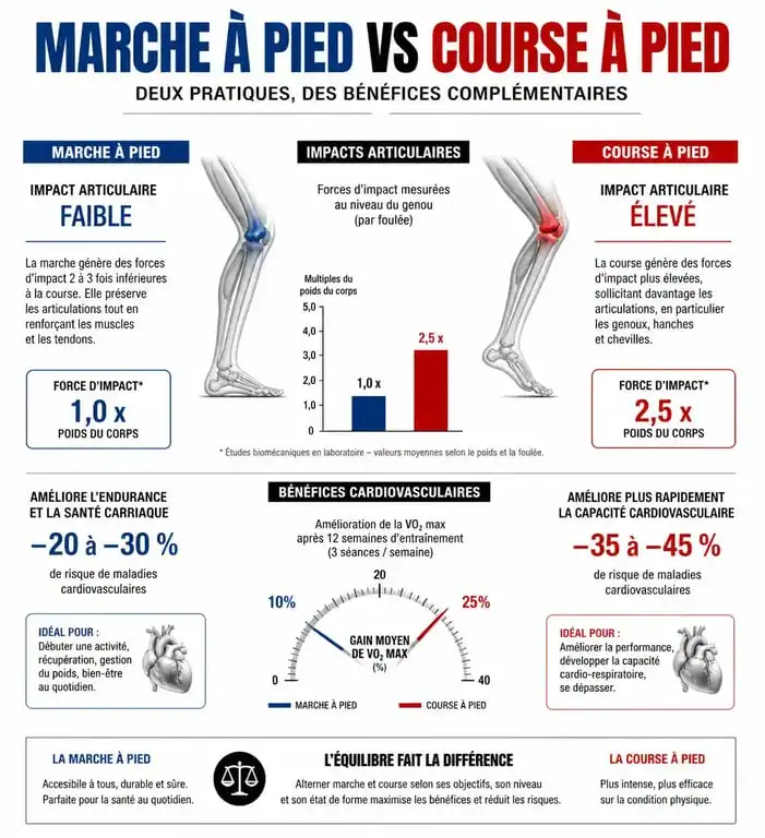 Infographie comparative des bienfaits de la marche 30 minutes par jour pour la santé