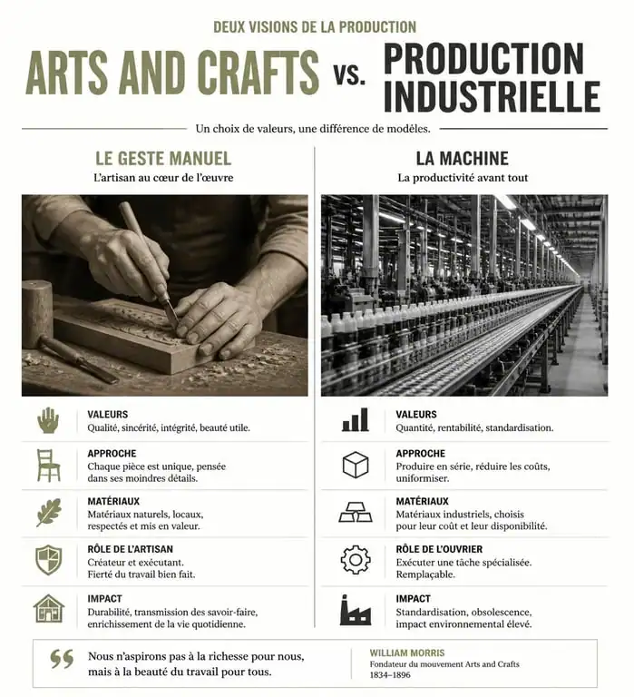 Comparatif des caractéristiques du mouvement Arts and Crafts et de la production industrielle