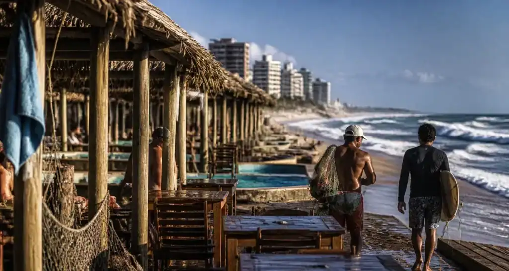 Fortaleza brésil, Praia do Futuro : barracas sur la plage, pêcheurs et surfeurs