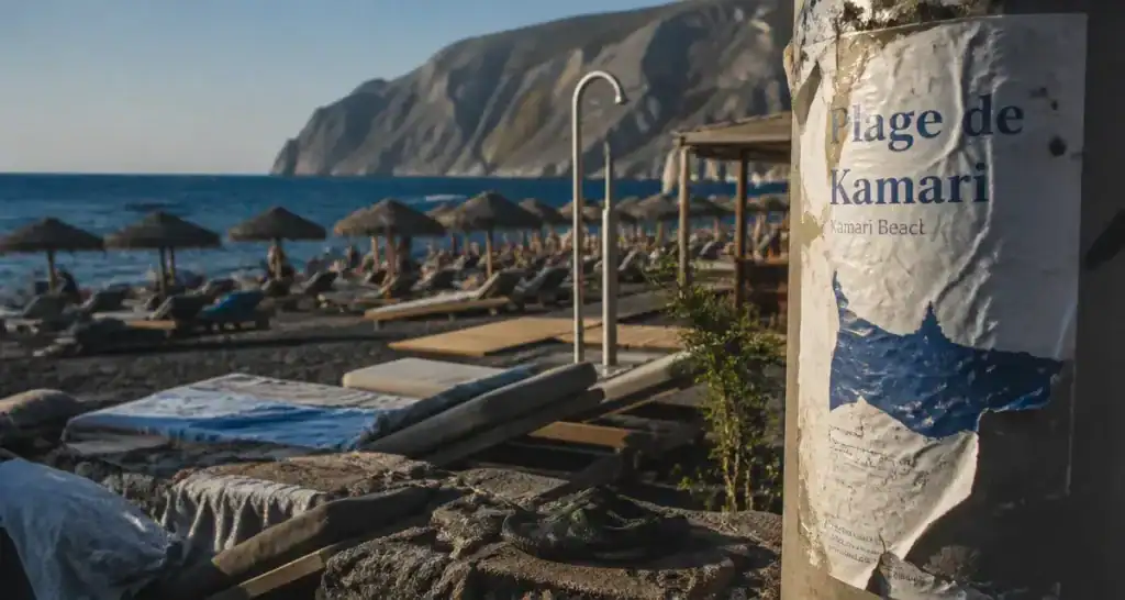 Plage de Kamari à Santorin : sable noir et mer Égée