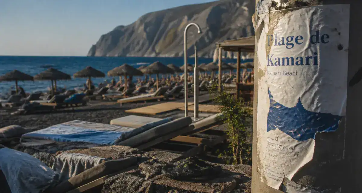 Plage de Kamari à Santorin : sable noir et mer Égée