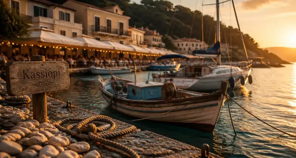 kassiopi town port au golden hour, kaïki et voilier