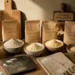 Liste des farines sans gluten : sacs et bols de farines sans gluten sur table