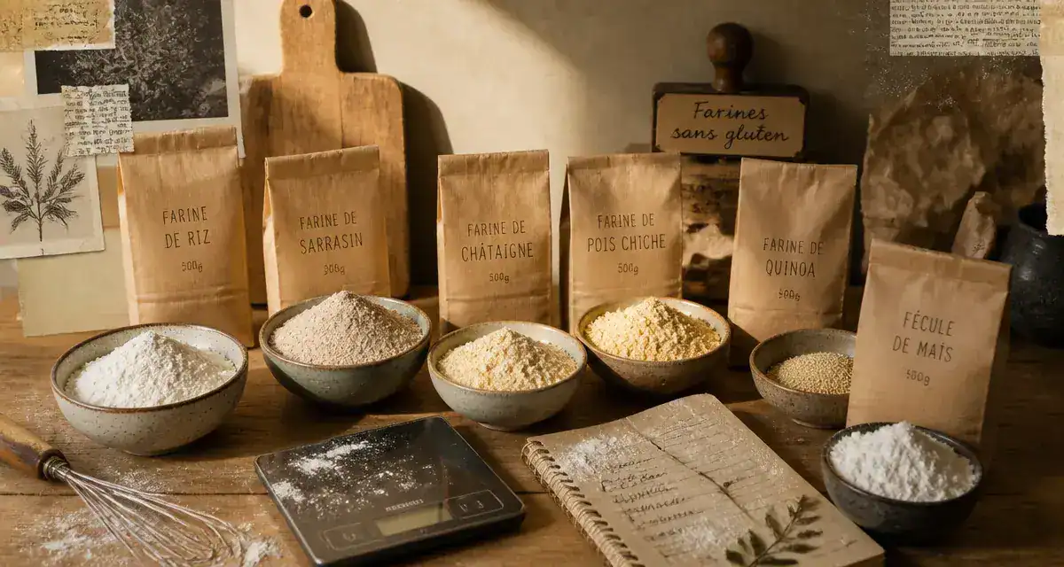 Liste des farines sans gluten : sacs et bols de farines sans gluten sur table