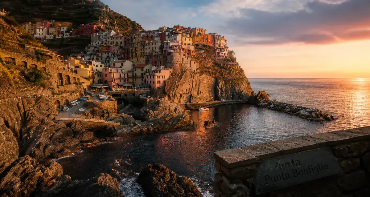 Coucher de soleil à Manarola Italie depuis Via di Mezzo, rochers et port