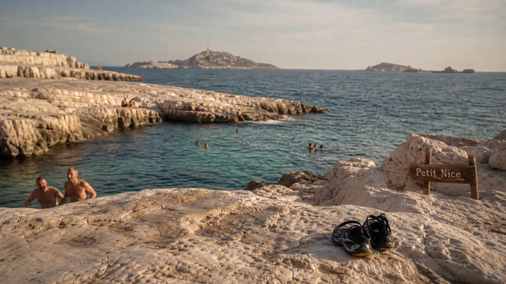 Plage du petit nice marseille : rochers blancs et eau turquoise cristalline