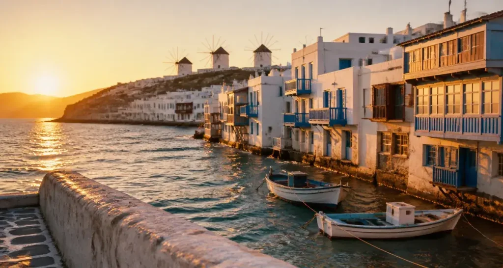 Que faire à Mykonos : coucher de soleil à la Petite Venise, eau turquoise et moulins