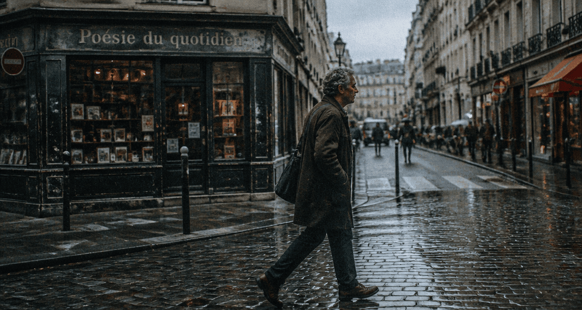 Passant dans une rue pavée, instant de quotidien