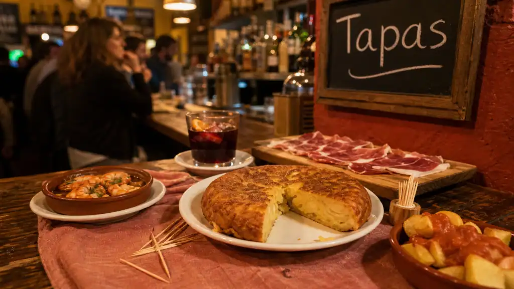 Tapas espagnols : tortilla, patatas bravas et gambas al ajillo pour apéritif