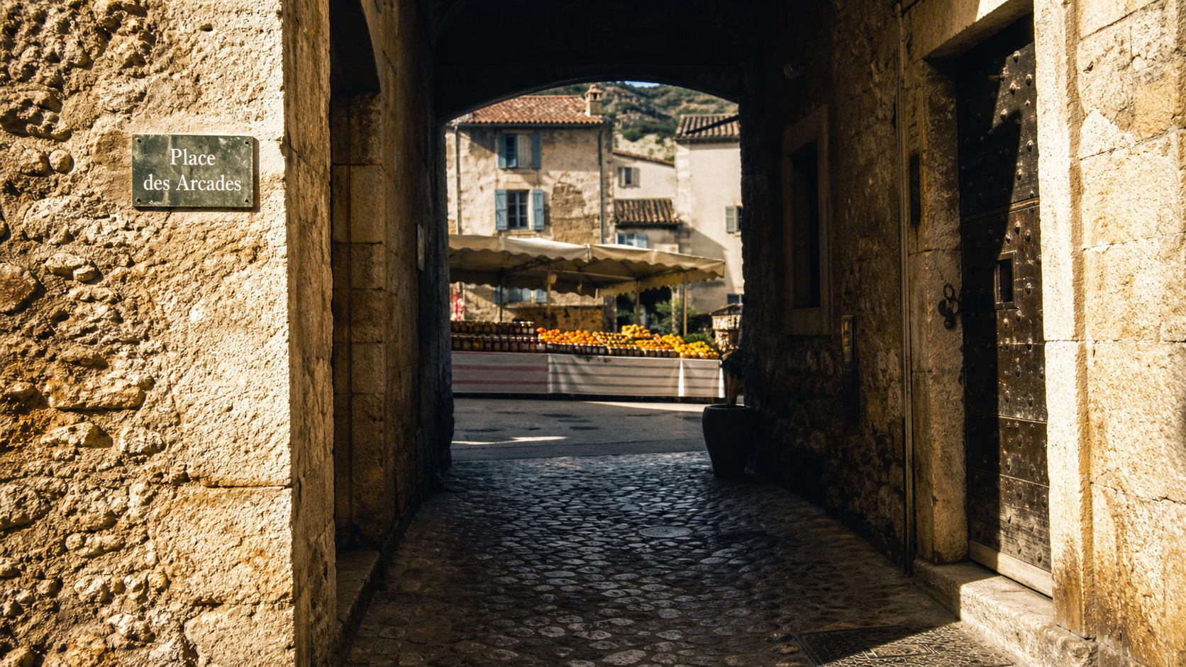 Biot vieux village : ruelle et portes fortifiées, Place des Arcades