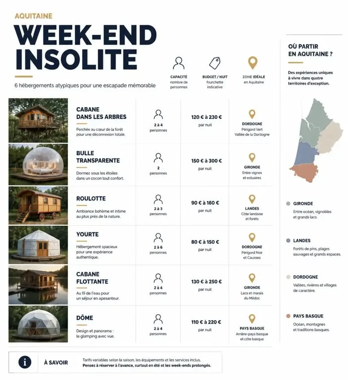 Week end en aquitaine insolite : comparaison visuelle des cabanes, bulles, roulottes et yourtes avec budgets et ambiances