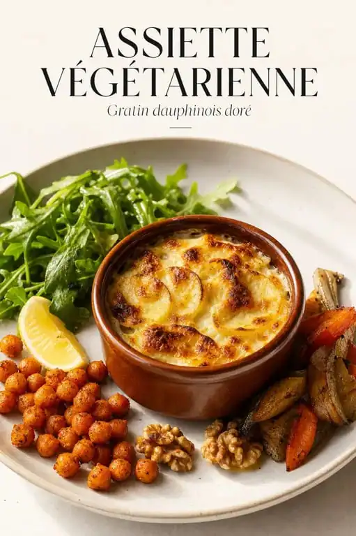 Que manger avec un gratin dauphinois sans viande : assiette complète avec salade verte, pois chiches grillés et légumes rôtis