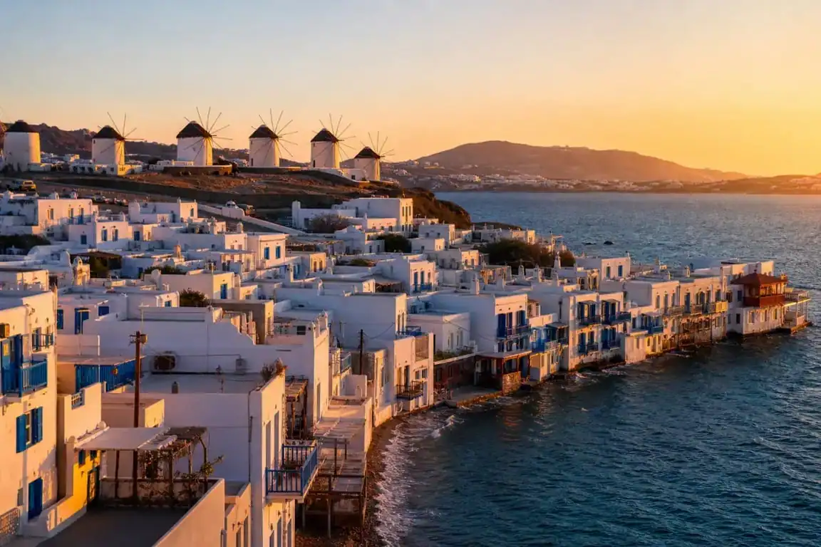 Mykonos visite : panorama de Hora, de la Petite Venise et des moulins de Kato Mili au coucher du soleil