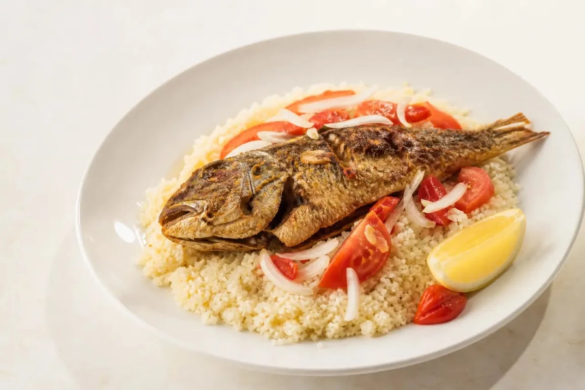 Recette attiéké poisson servie avec poisson braisé, tomates et oignons frais