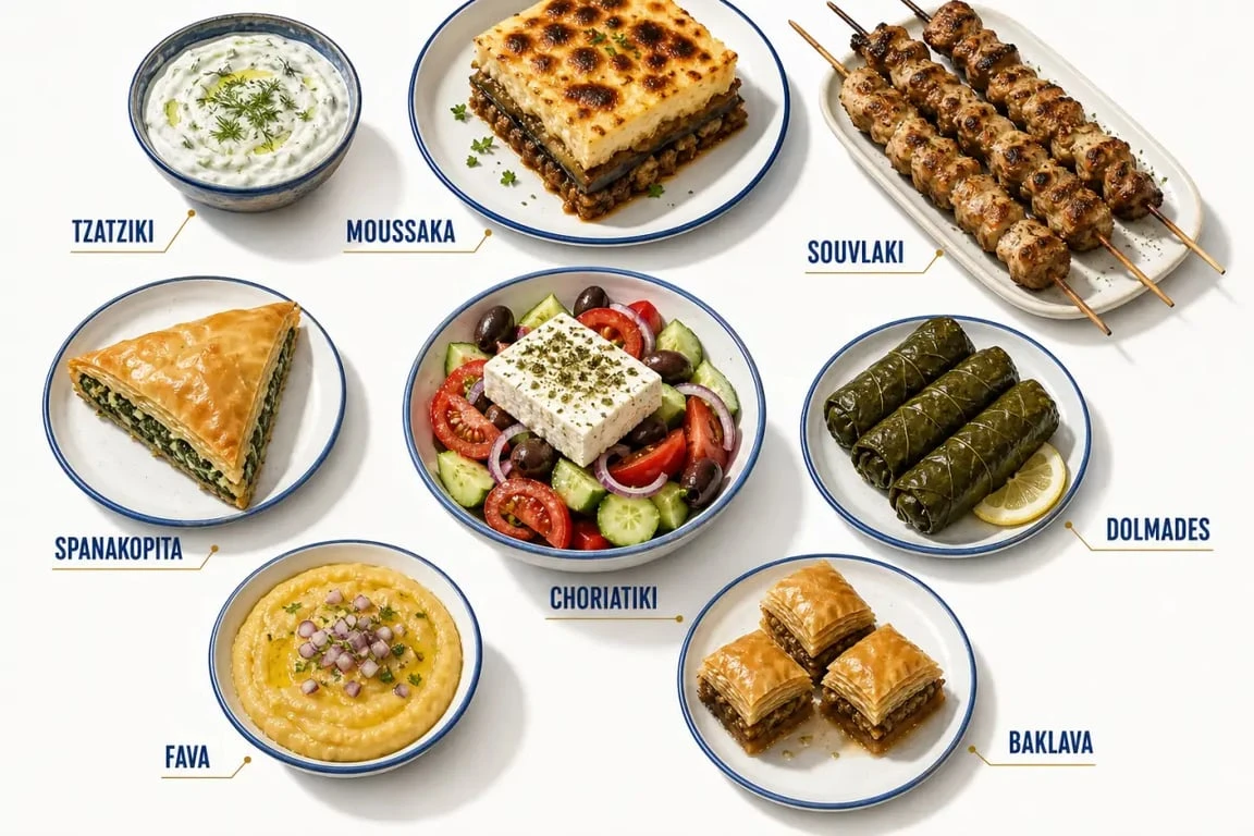 Spécialités grecques présentées sur une table méditerranéenne avec tzatziki, moussaka, souvlaki, spanakopita et baklava