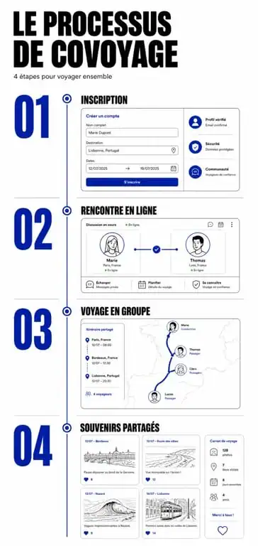 Infographie explicative du concept de covoyage pour les voyageurs solos