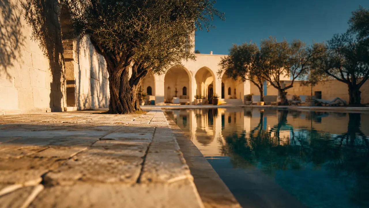 Masseria pouilles : terrasse en pierre, bassin et oliveraies