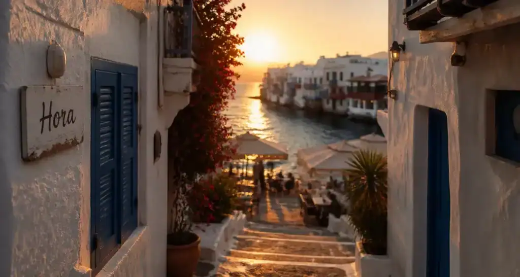 Mykonos visite : Hora, ruelles blanches et bleues au golden hour