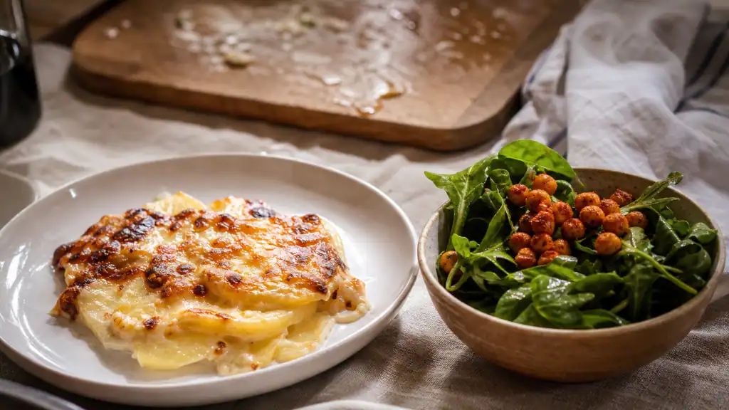 Que manger avec un gratin dauphinois sans viande : gratin vegan, salade verte citronnée et pois chiches paprika