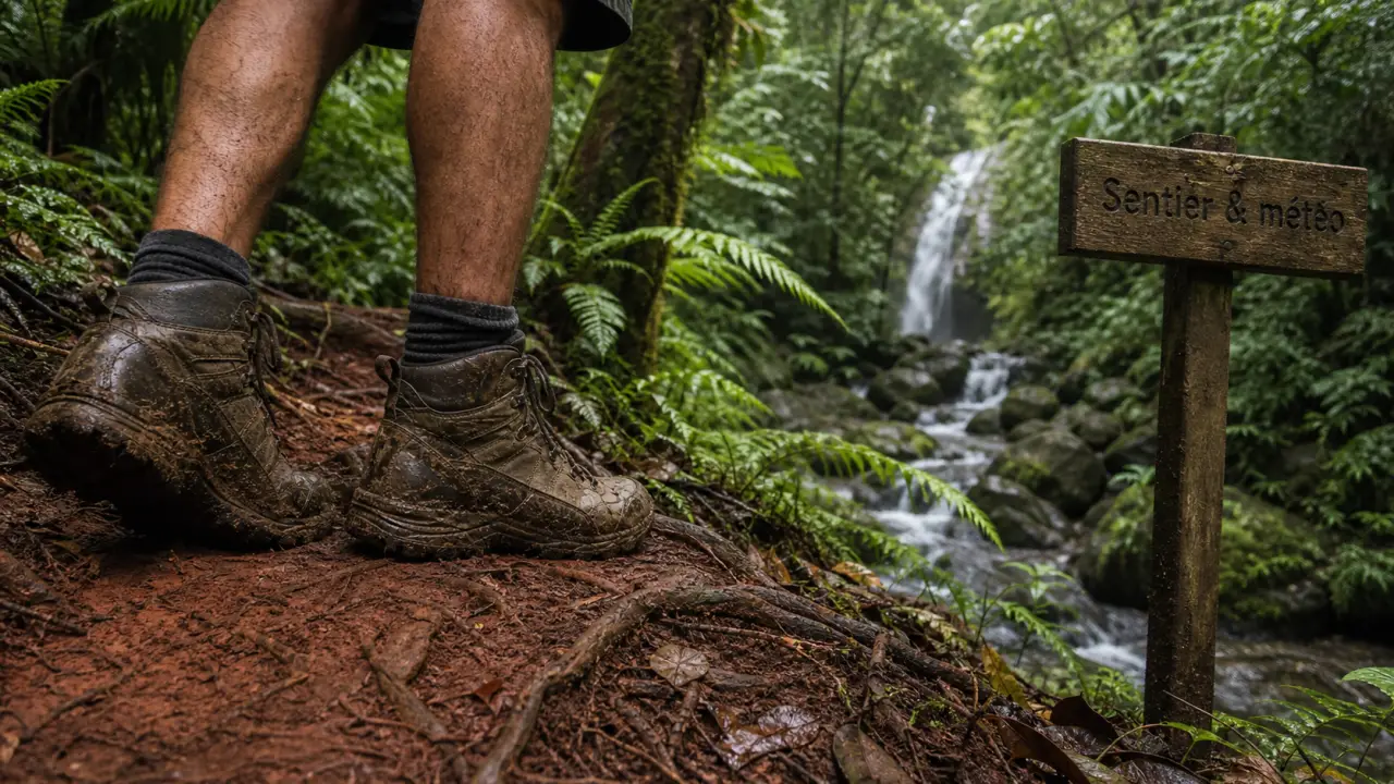 Randonnee en guadeloupe : sentier boueux et météo en forêt tropicale