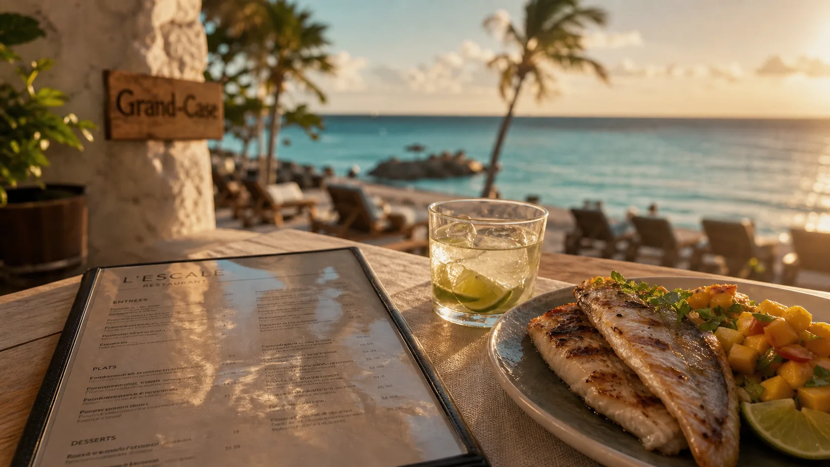 Restaurant a saint martin à Grand-Case, poisson grillé sur terrasse bord de mer