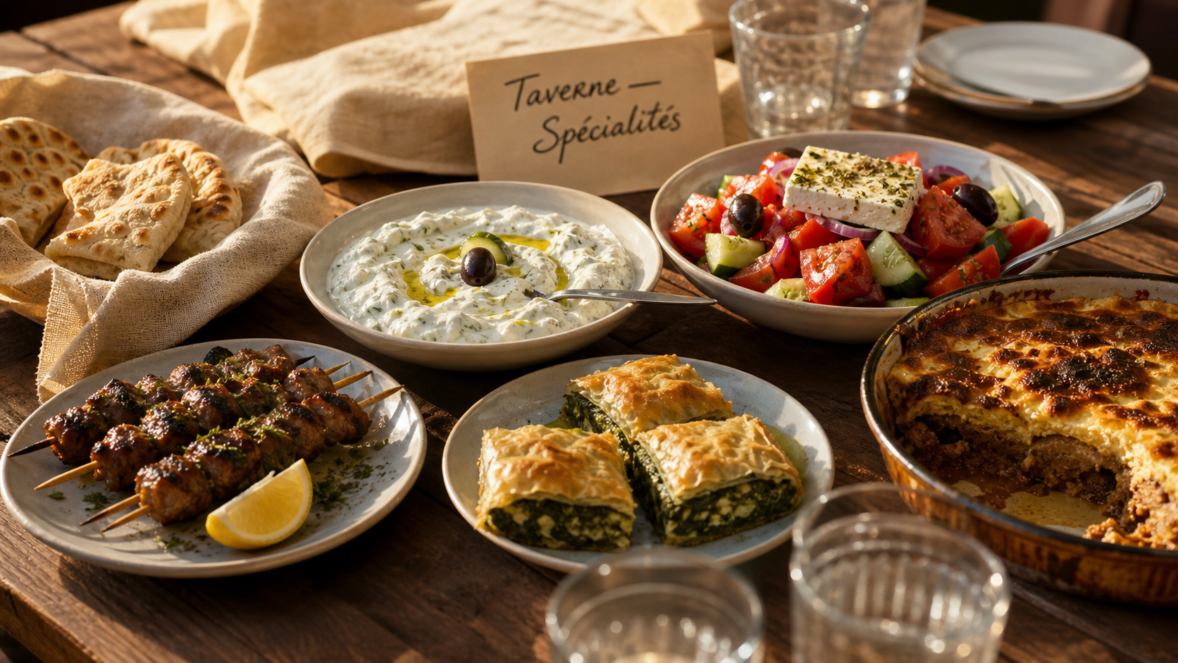 Spécialités grecques : mezzés et plats grecs sur table
