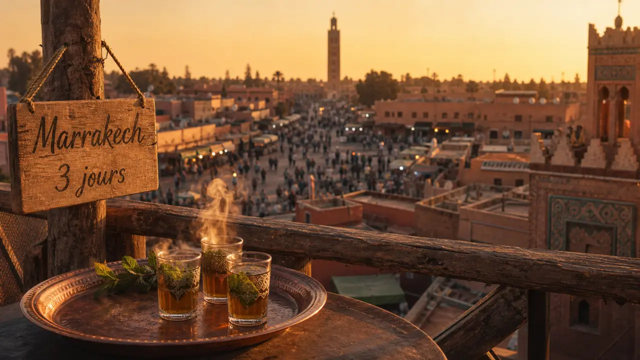 Visiter Marrakech en 3 jours : médina et Jemaa el-Fna au coucher du soleil, thé à la menthe rooftop