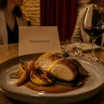 Assiette bistronomique au bistro convivial, volaille rôtie et légumes