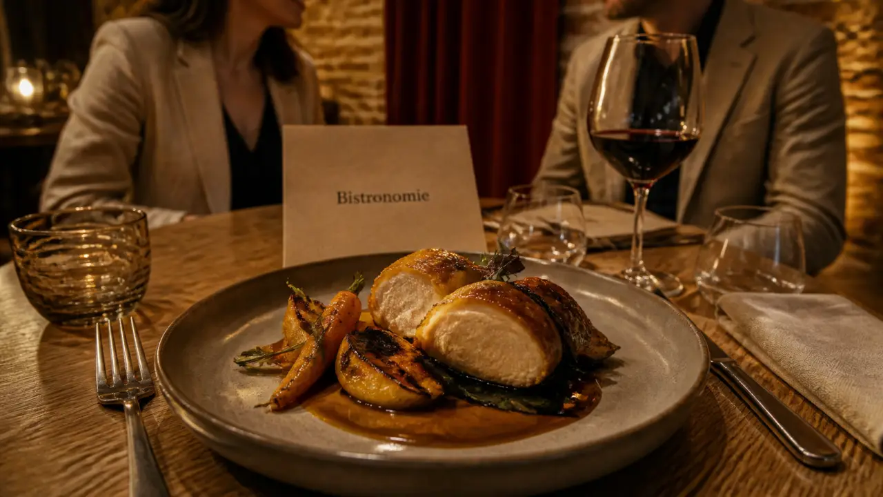 Assiette bistronomique au bistro convivial, volaille rôtie et légumes