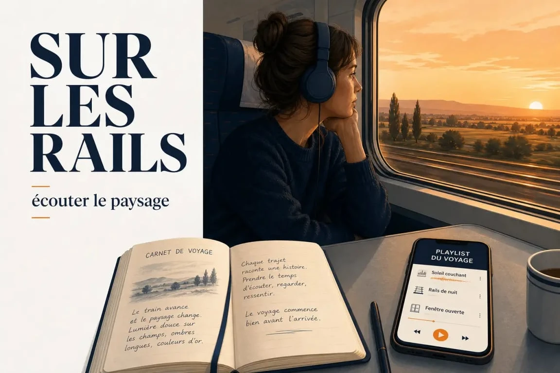 Musique et voyage : un passager écoute une playlist de route dans un train au coucher du soleil