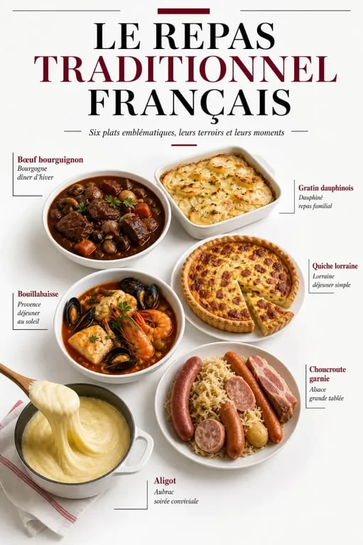 Repas traditionnel français avec plats emblématiques et origines régionales