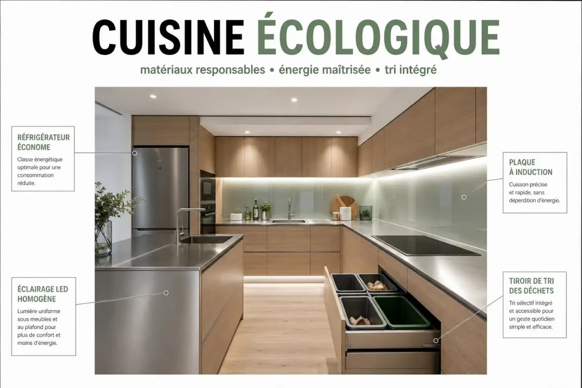 Cuisine écologique moderne avec matériaux durables, électroménager sobre et tri des déchets