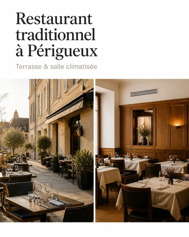 La Taula cuisine du terroir maison à Périgueux : terrasse et salle climatisée d’un restaurant traditionnel
