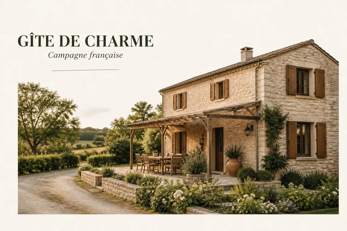Gîte de charme en campagne française avec maison en pierre et terrasse accueillante