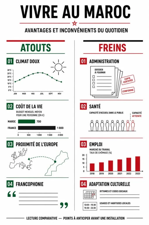 Vivre au Maroc avantage et inconvenient : infographie comparative sur les atouts et les freins
