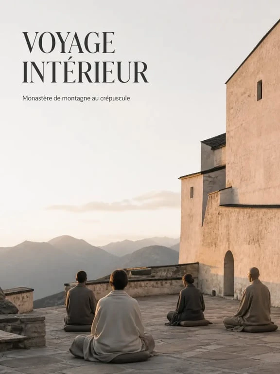 Voyage spirituel dans un monastère de montagne, ambiance de méditation et de retraite