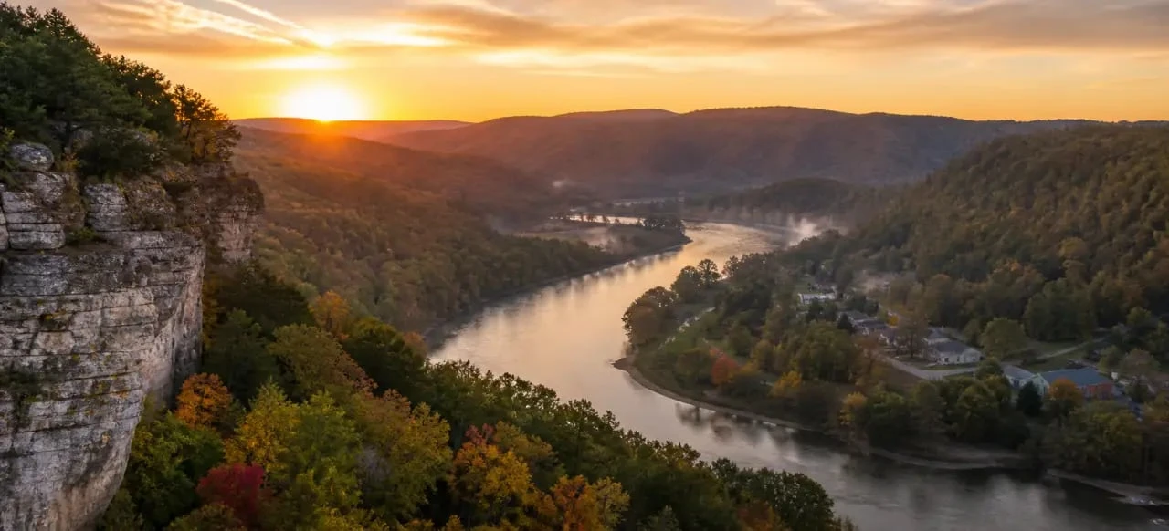 Les monts Ozarks en panorama avec collines boisées, rivière sinueuse et village au bord de l’eau