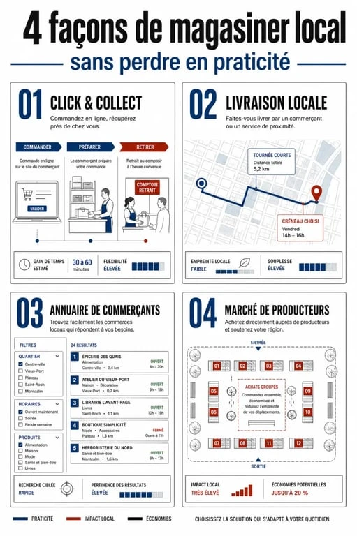 Magasiner local : quatre façons simples d’acheter près de chez soi entre click & collect, livraison locale, annuaire et marché de producteurs