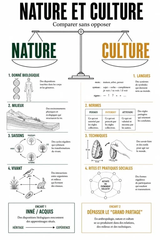 Nature et culture : synthèse visuelle comparant nature, culture, inné et acquis