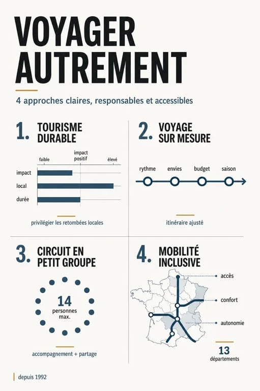 Voyager autrement : comparaison visuelle des quatre façons de voyager autrement, durable, sur mesure, en petit groupe et accessible