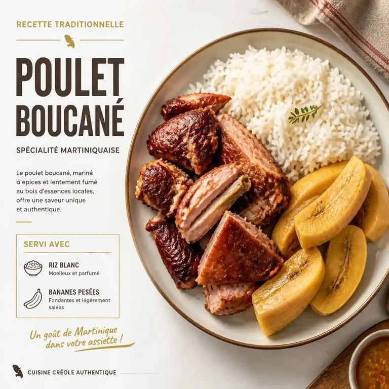 Poulet boucané traditionnel, spécialité culinaire martiniquaise, servi dans un restaurant à Sainte-Marie