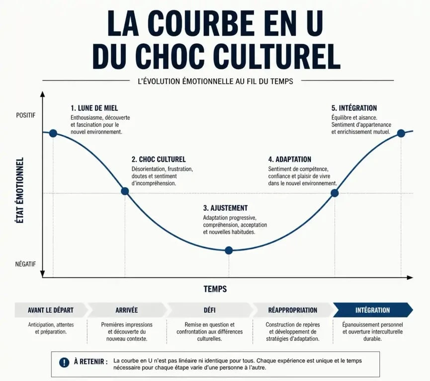 Graphique illustrant la courbe en U du choc culturel et ses différentes phases d'adaptation