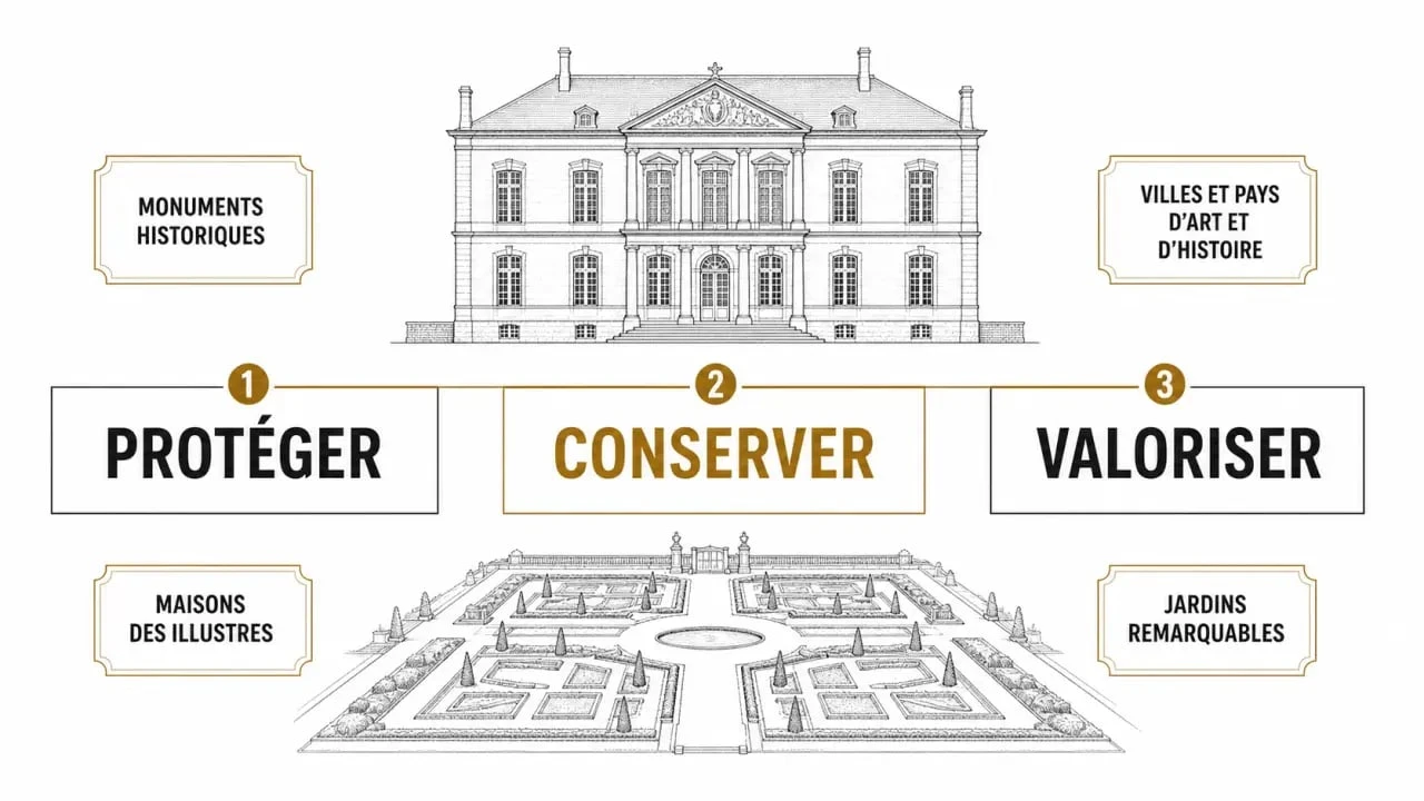 Valorisation du patrimoine : schéma éditorial des étapes protéger, conserver et valoriser