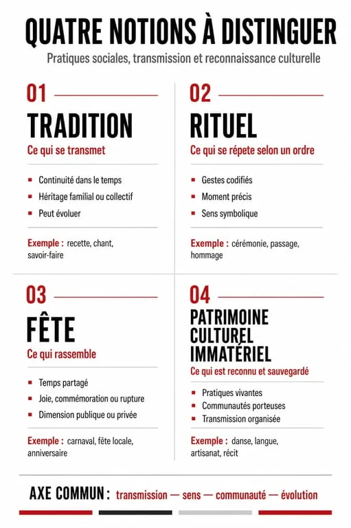 Traditions culturelles : comparaison visuelle entre tradition, rituel, fête et patrimoine culturel immatériel