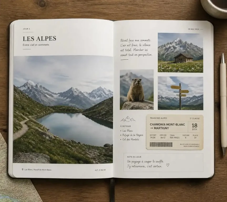 Exemple de mise en page pour un carnet de voyage photo personnalisé avec photos et textes