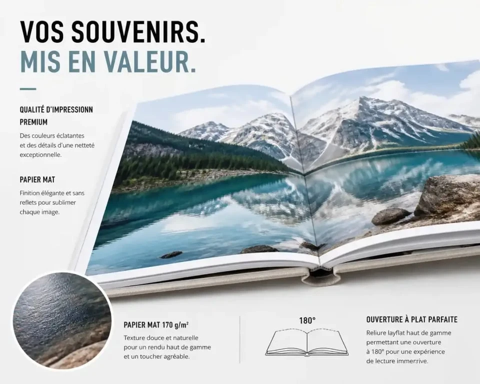Détail technique d'un carnet de voyage photo avec reliure layflat et papier mat