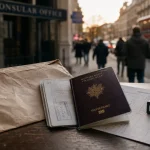 Nombre de français à Londres : enveloppe et passeport français, rue de Londres